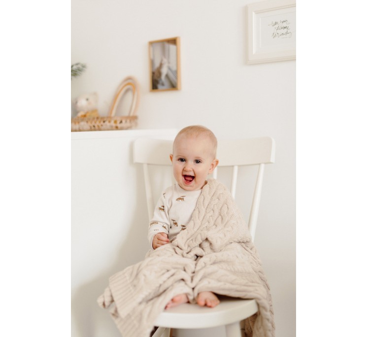 Kocyk warkocz ze 100% wełny merino warm beige - premium collection