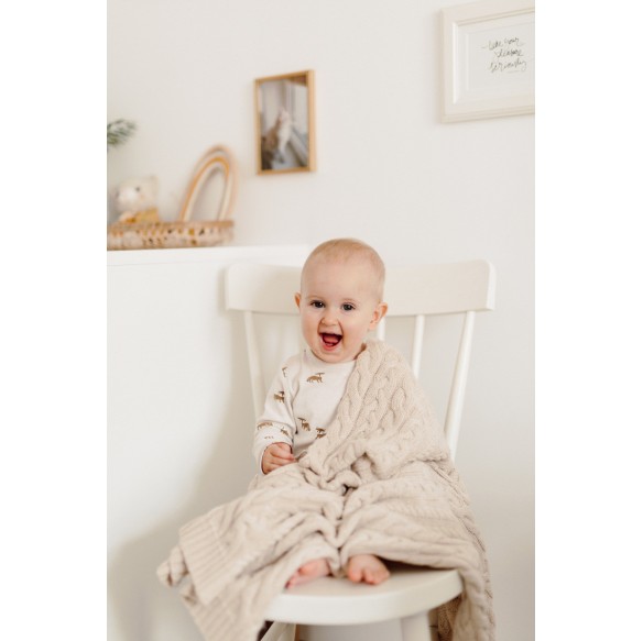 Kocyk warkocz ze 100% wełny merino warm beige - premium collection
