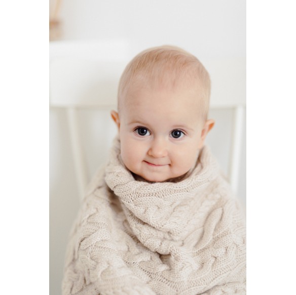 Kocyk warkocz ze 100% wełny merino warm beige - premium collection
