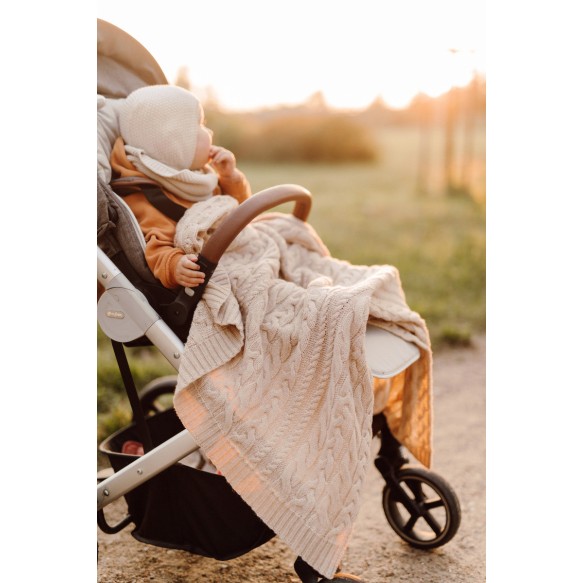 Kocyk warkocz ze 100% wełny merino warm beige - premium collection