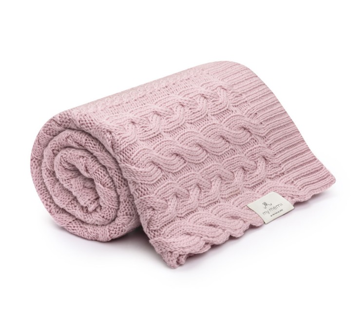 Kocyk warkocz ze 100% wełny merino powder pink - premium collection