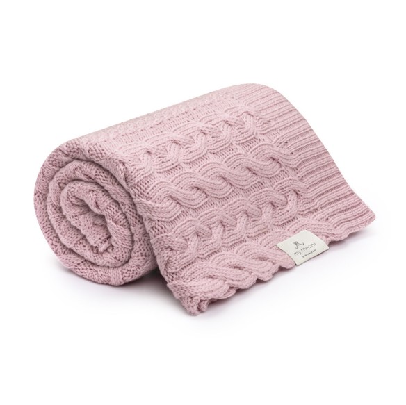 Kocyk warkocz ze 100% wełny merino powder pink - premium collection OUTLET