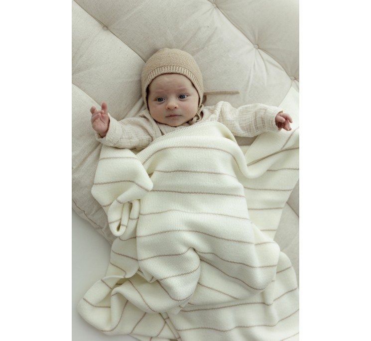 100% Natural Merino Wool Blanket cream Lines - premium collection - MY MEMI