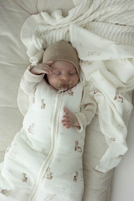 Organic cotton muslin baby sleeping bag 0 - 5 months 2.5 TOG - alpacas - MY MEMI