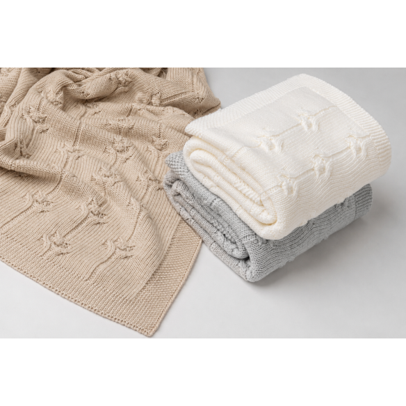 Kocyk ze 100% wełny merino cream Floral - premium collection - MY MEMI