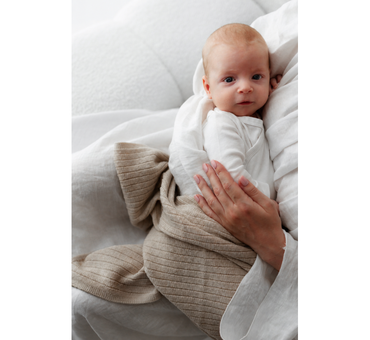 Kocyk ze 100% wełny merino warm beige w prążek - premium collection - MY MEMI