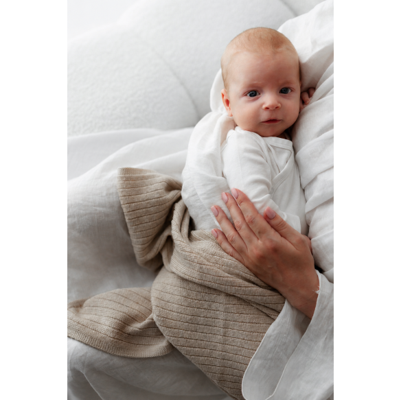 Babydecke aus 100 % Merinowolle Warm Beige in Streifen – Premium-Kollektion - MY MEMI