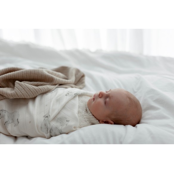 Kocyk ze 100% wełny merino warm beige w prążek - premium collection