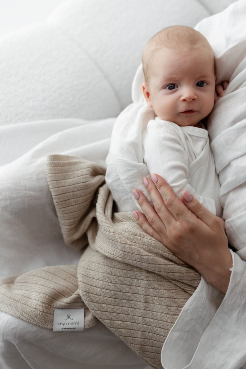 Kocyk ze 100% wełny merino warm beige w prążek - premium collection - MY MEMI