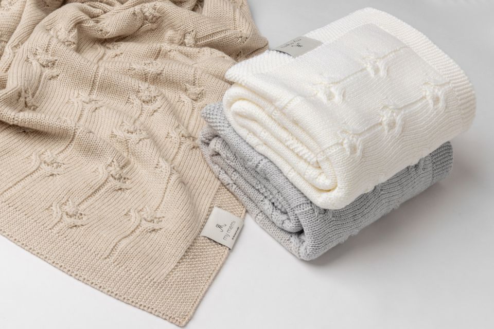 Kocyk ze 100% wełny merino warm beige Floral - premium collection OUTLET