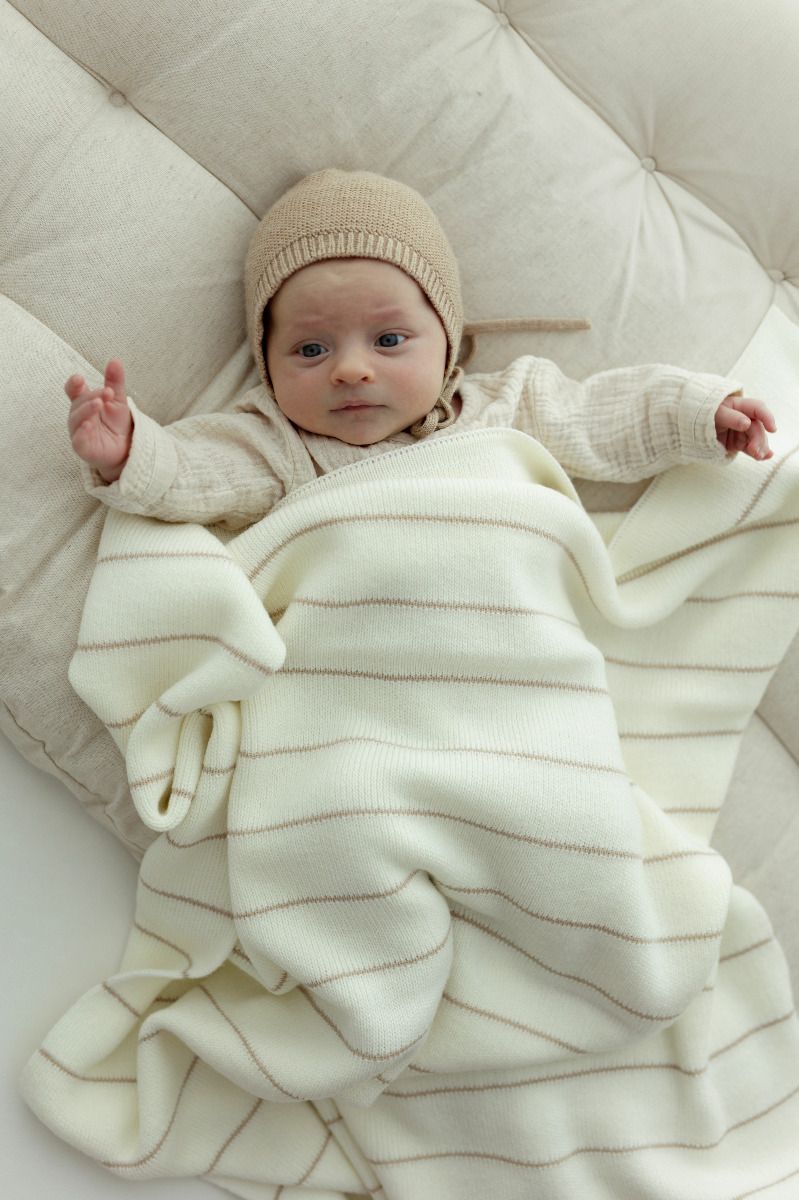 Kocyk ze 100% wełny merino cream Lines - premium collection OUTLET