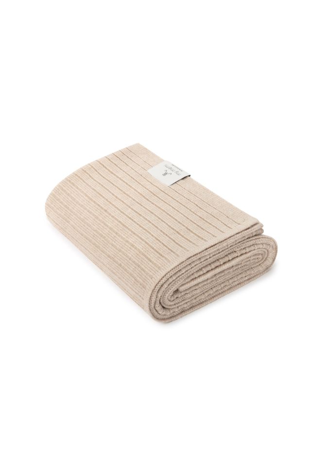 Kocyk ze 100% wełny merino warm beige w prążek - premium collection